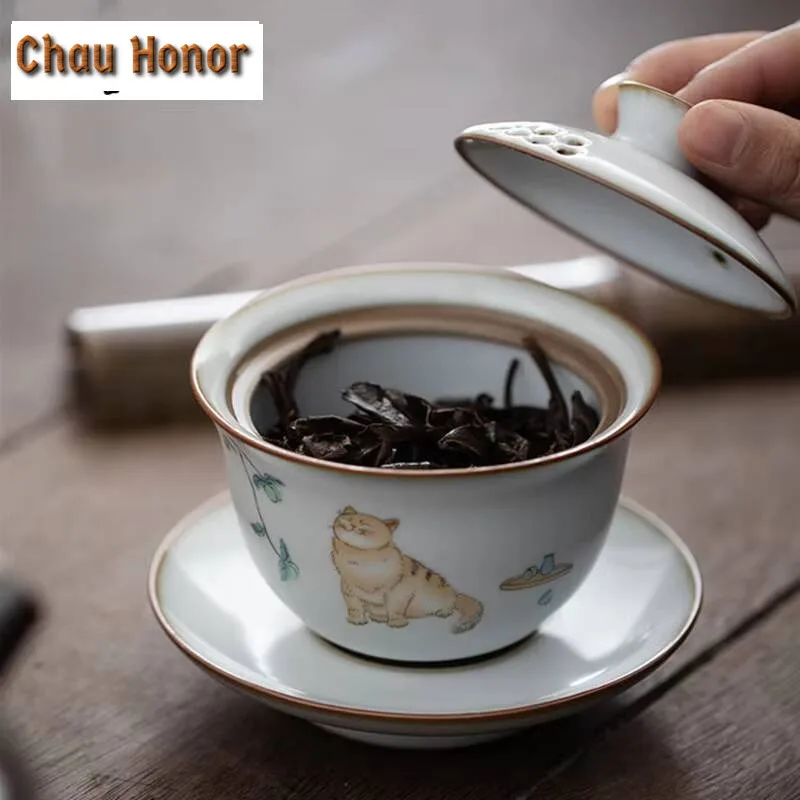 160ml Cute Cat Ru Kiln Porcelain Gaiwan Elegant Tea Tureen Tea Bowl with Lid Kit Tea Maker Cover Bowl Kung Fu Tea Set Ornaments