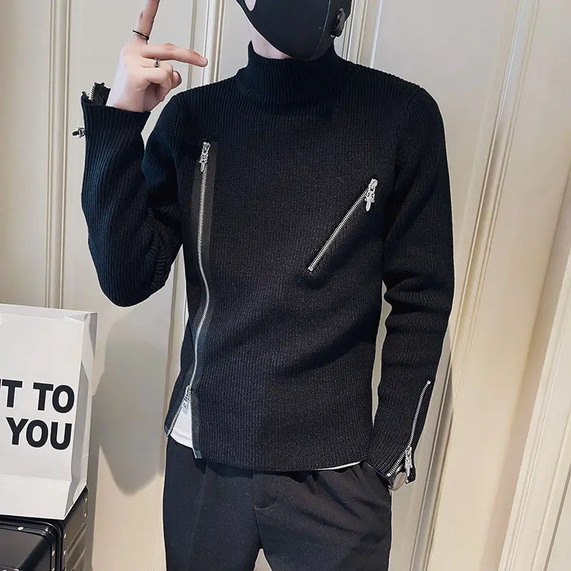 Autumn Winter KPOP Fashion Style Harajuku Slim Fit Undershirt Loose All Match Casual Knitwear Insert Zipper Long Sleeve Sweaters