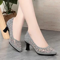 Summer Single Shoes Mesh Breathable Versatile High Heels Women's Shoes Middle-Aged Temperament Pointed Toe Shallow Mouth Shoes 4