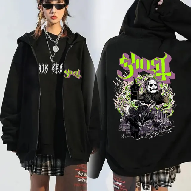 Vintage Ghosts Bands Seven Inches of Satanic Panic Album Graphic print Hooded zip-up Men clothing Hip hop Goth sweatshirt jacket 1