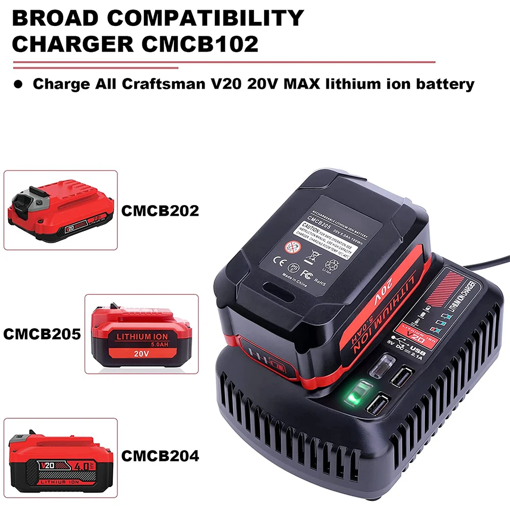 para Craftsman 20v 2a Li-ion Carregador de Bateria Cmcb102 Recarregável Ferramenta Elétrica 100v 240v Carregador de Bateria de Lítio com Usb Duplo