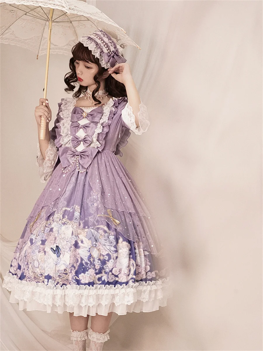 French Vintage Palaca Style Lolita OP Cosplay Girls Tea Party Printing Mermaids Pearls Bowknot Lace Princess Dress