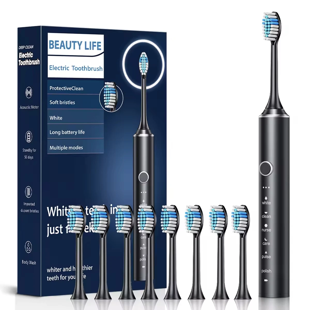 Sonic Electric Toothbrush with Soft Bristles 3 Cleaning Modes Plaque Removal USB Rechargeable 4 Brush Heads Teeth Whitening Tool