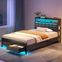 Bed Frame Twin Size with Storage Headboard and 2 Drawers,Upholstered Platform Bed with Charging Station,Heavy Duty Frame Support 1