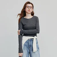 TOYOUTH femmes T-shirt 2025 automne nouveau ourlet incliné Lyocell laine coupe ajustée à manches longues Base hauts 2