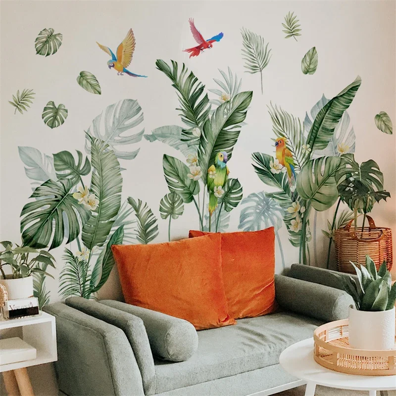 Tropical Green Leaves Plant Bird Wall Stickers Turtle Back Leaf Sticker Home Decor Art Mural