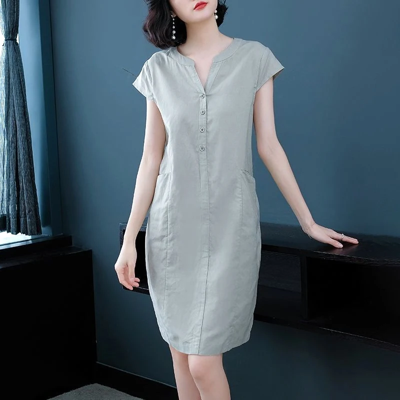 

Vintage Elegant Summer Thin Knee Skirts Loose Fashion Casual Dresses Solid Button Round Neck Intellectual Women's Clothing 2023