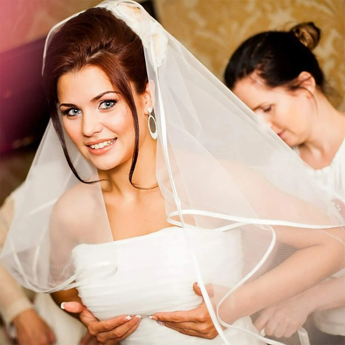 Bridal Veil Wedding Simple Tulle Two Layers Ribbon Edge With Metal Comb 75cm Short Women