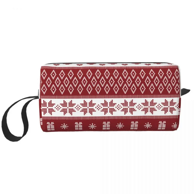 

Red Winter Nordic Snowflake Deer Christmas Pattern Cosmetic Bag for Women Makeup Bags Holidays Animals Travel Water Resistant