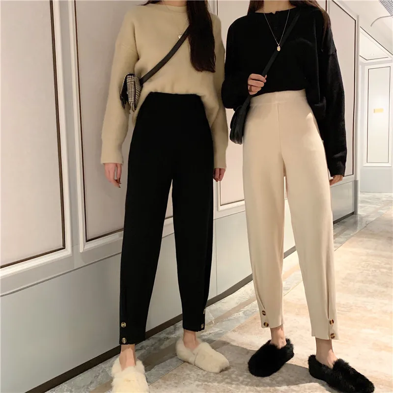 

Limiguyue New Harem Knitted Pants Buttons Casual Thickened Trousers Autumn Winte Women Chic Elastic High Waisted Elegant T197