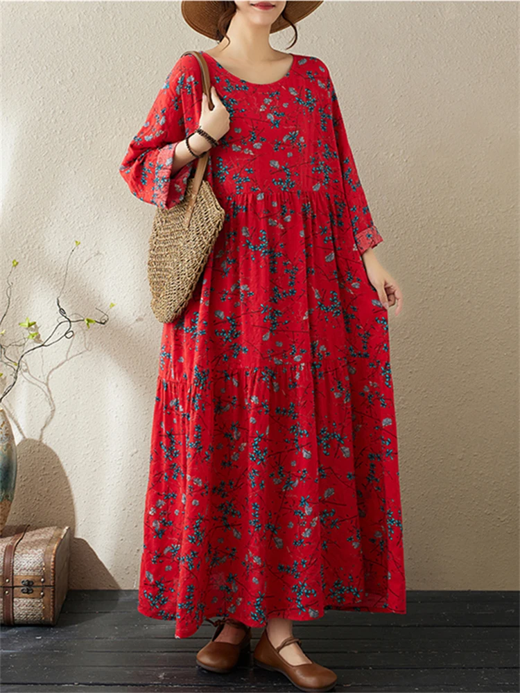 Cotton Vintage Print Dresses Women 2025 Spring Autumn Casual Loose Long Sleeve Yellow Dress Femme Robe Vestidos Fashion Clothing