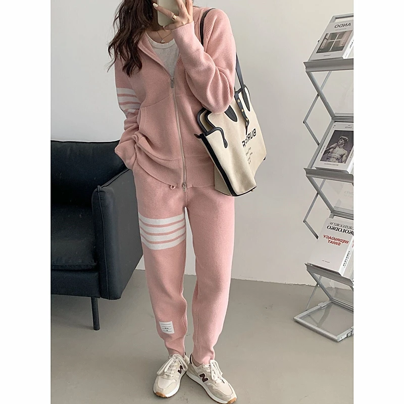 TB 와플 두꺼운 정장 슬림한 4 바 후드 가디건 재킷 여성용, 캐주얼 작은 다리 스웨트 팬츠
