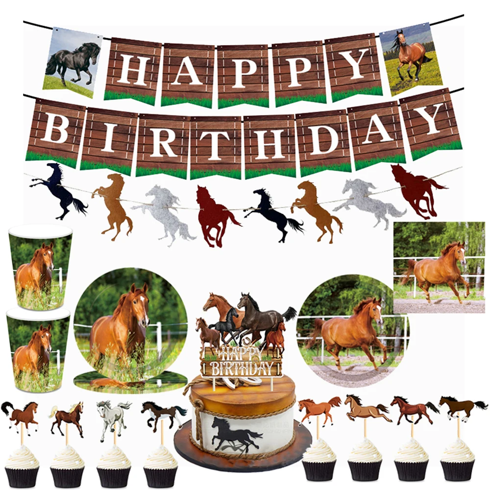 

Horse Disposable Tableware Plates Tablecloth Horse Cake Topper Happy Birthday Banner Garland For Horse Birthday Party Decoration