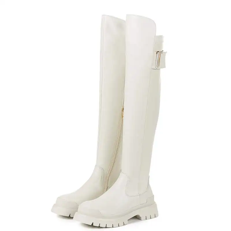 Cow Leather Platform Thigh High Boots Round Toe Casual Winter