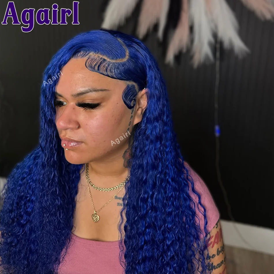 Blue Color Water Wave Lace Front Wig 13x6 13X4 Transparent