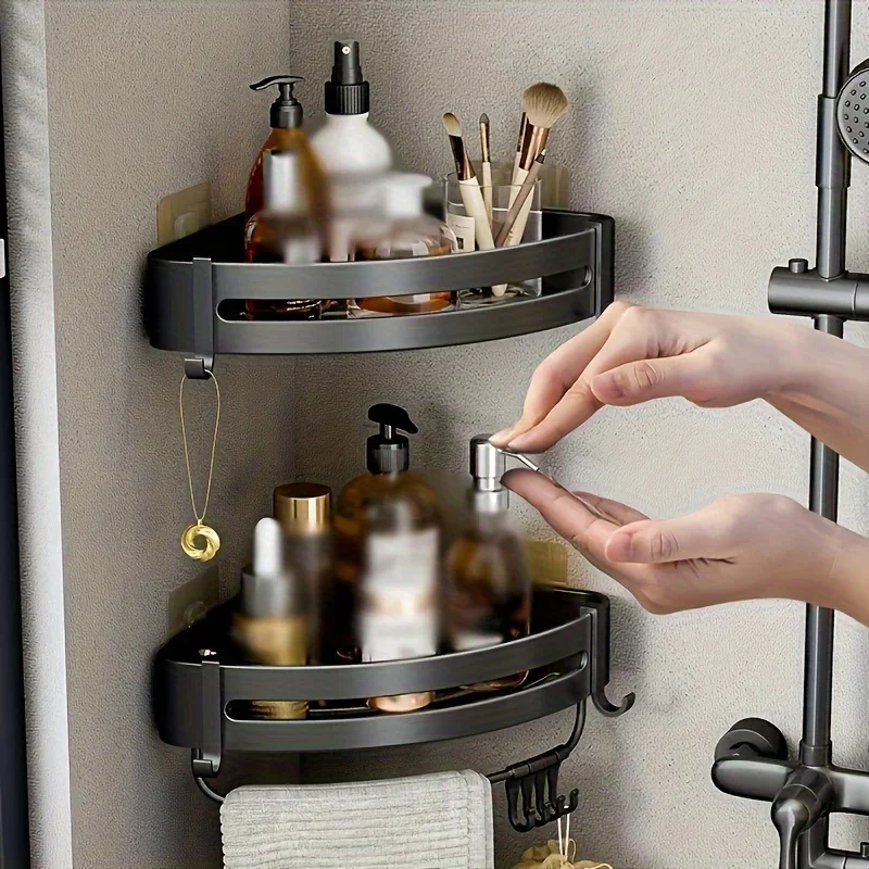 Bathroom corner shelf storage rack Space Aluminum Non Perforated Bathroom Wall Hanging Corner Storage Rack Triangular Basket