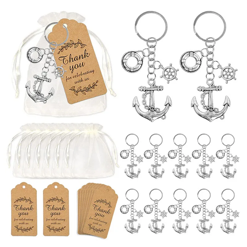 

20pcs Anchor Keychain Souvenirs Gift for Guest Baby Shower Birthday Wedding Party Drawstring Organza Candy Bag with Paper Card