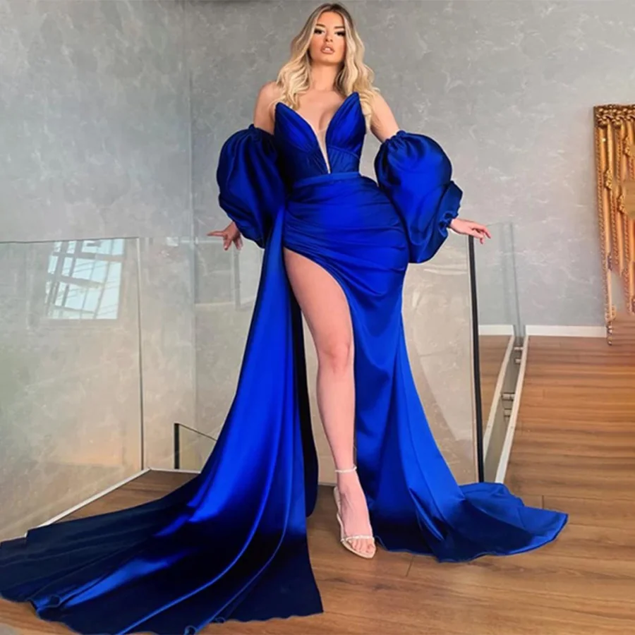 

Classic Deep V-Neck Removable Ruff Sleeve A-Line Evening Gown Back Zipper With Train Bridal Gown Prom Gown For Women