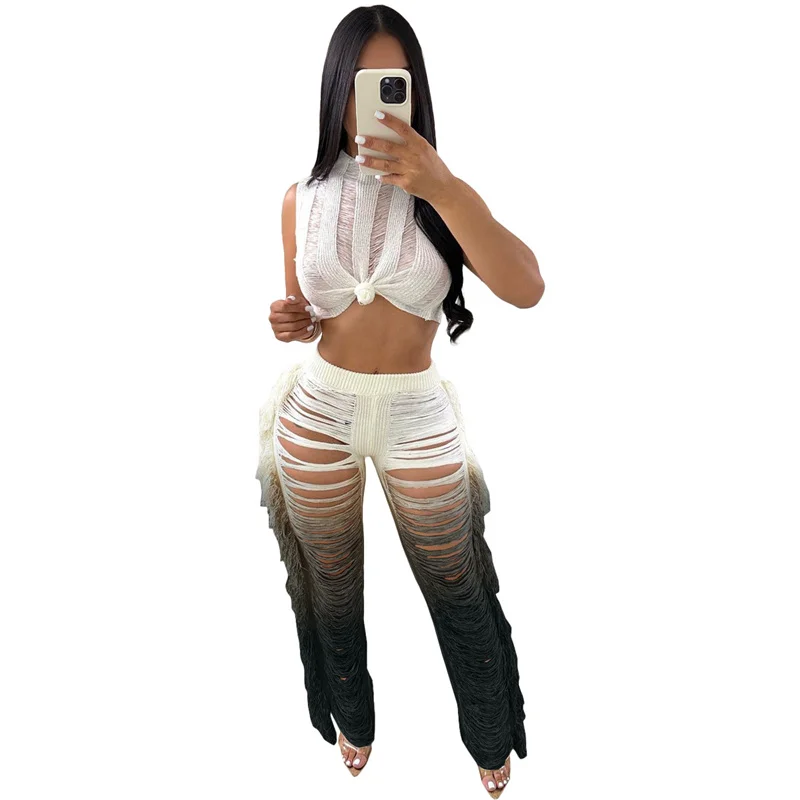 thumbnail image 1 of Conjunto de dos piezas de crochet con degradado de color para mujer, top corto de playa de verano y pantalones de pierna ancha con borlas y agujeros, trajes de vacaciones, 1 of 5