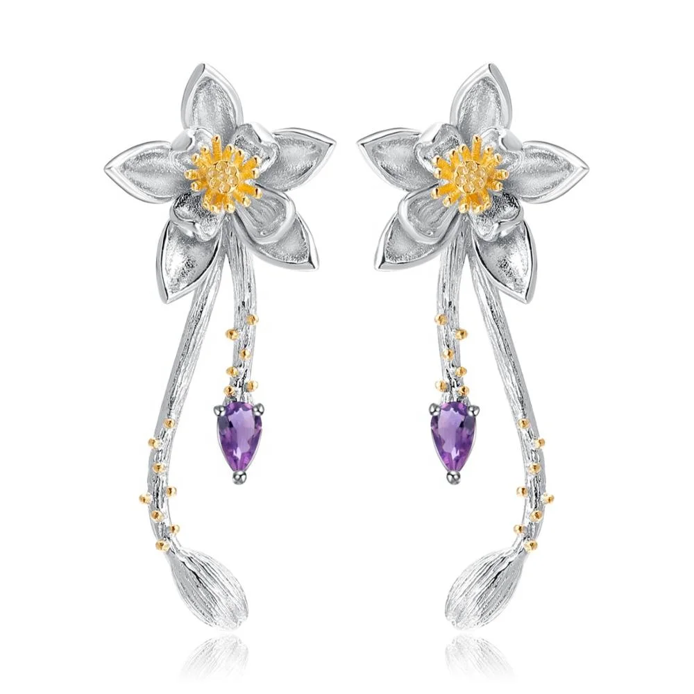 

Flower Natural Amethyst Gemstone Handcrafted Fashion Gold Plated 925 Sterling Silver Jewelry Earrings Women