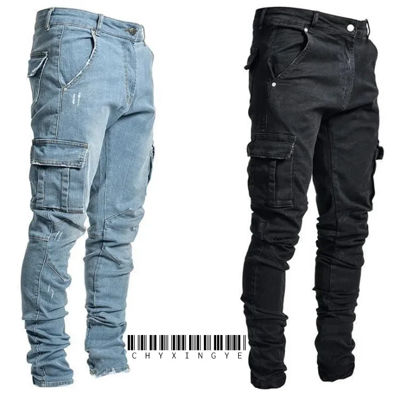 Mens Stretch Jeans Black Big Side Pockets Cargo Jeans Fashion Zipper Small Foot Denim Pants Elastic Jogging Trousers Streetwear 3