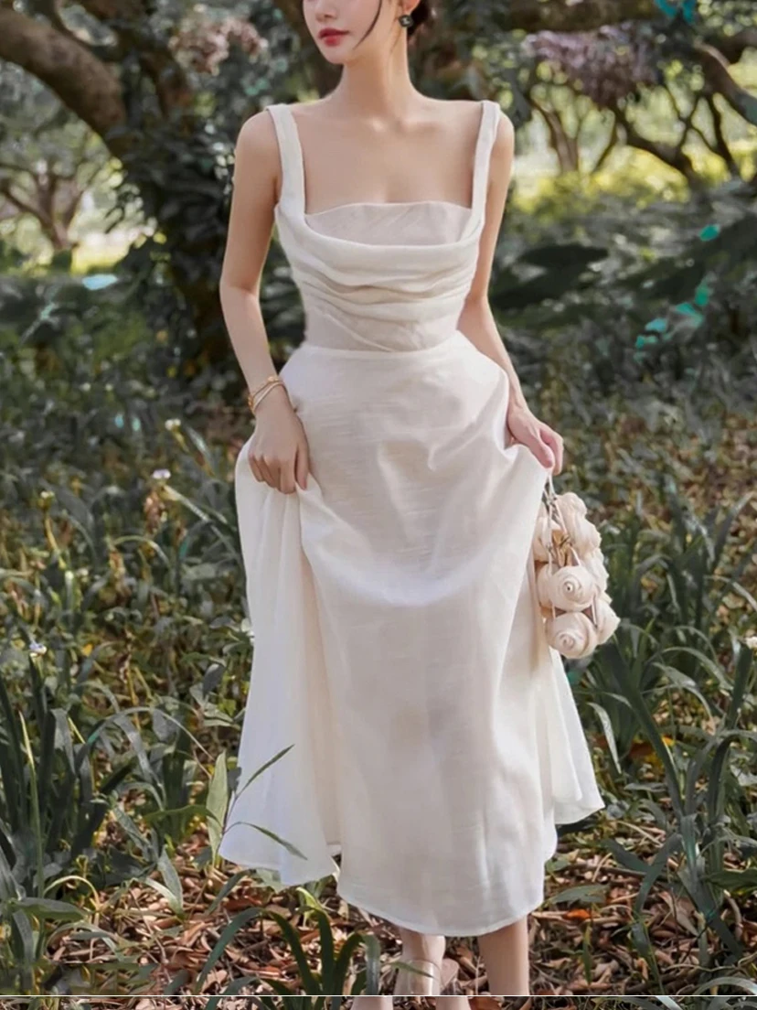 

23 year Vietnam niche designer brand summer new style temperament dress white dress A-line suspender dress long skirt