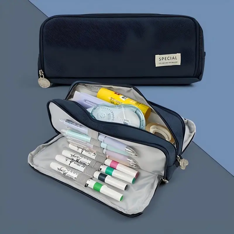 Spacious Triple-Section Student Stationery Organizer and Desk Pouch