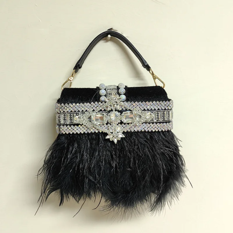 

2024 Thailand Trend Ostrich Hair Pearl rhinestone fringe One shoulder crossbody fashion Dinner clutch bag