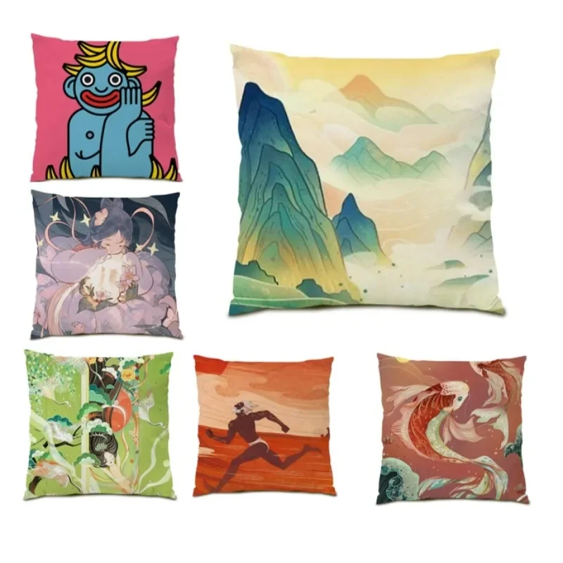 

Cartoon Print Pillow Cover Painting Home Sofa Decor Abstract Pillowcase Cojines 45x45 Anime Cushion Cover Landscape 2024 DE1331