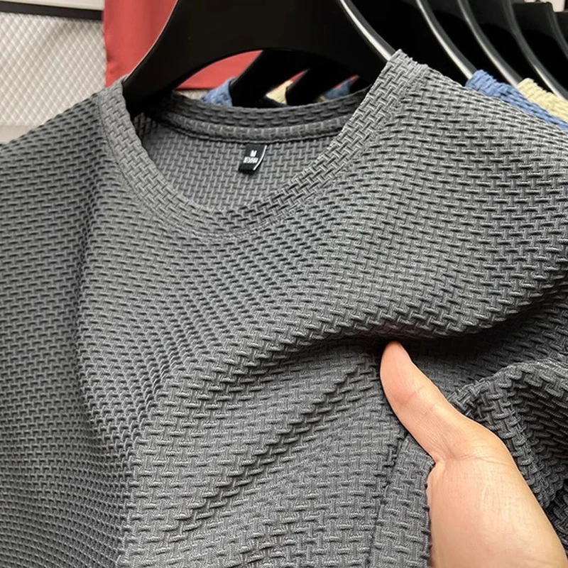 

H.Aic S Summer Ice Silk T-shirt Men's Short Sleeve Round Neck 2024 New Half Sleeve Men Thin Solid Color Tees Mesh Top