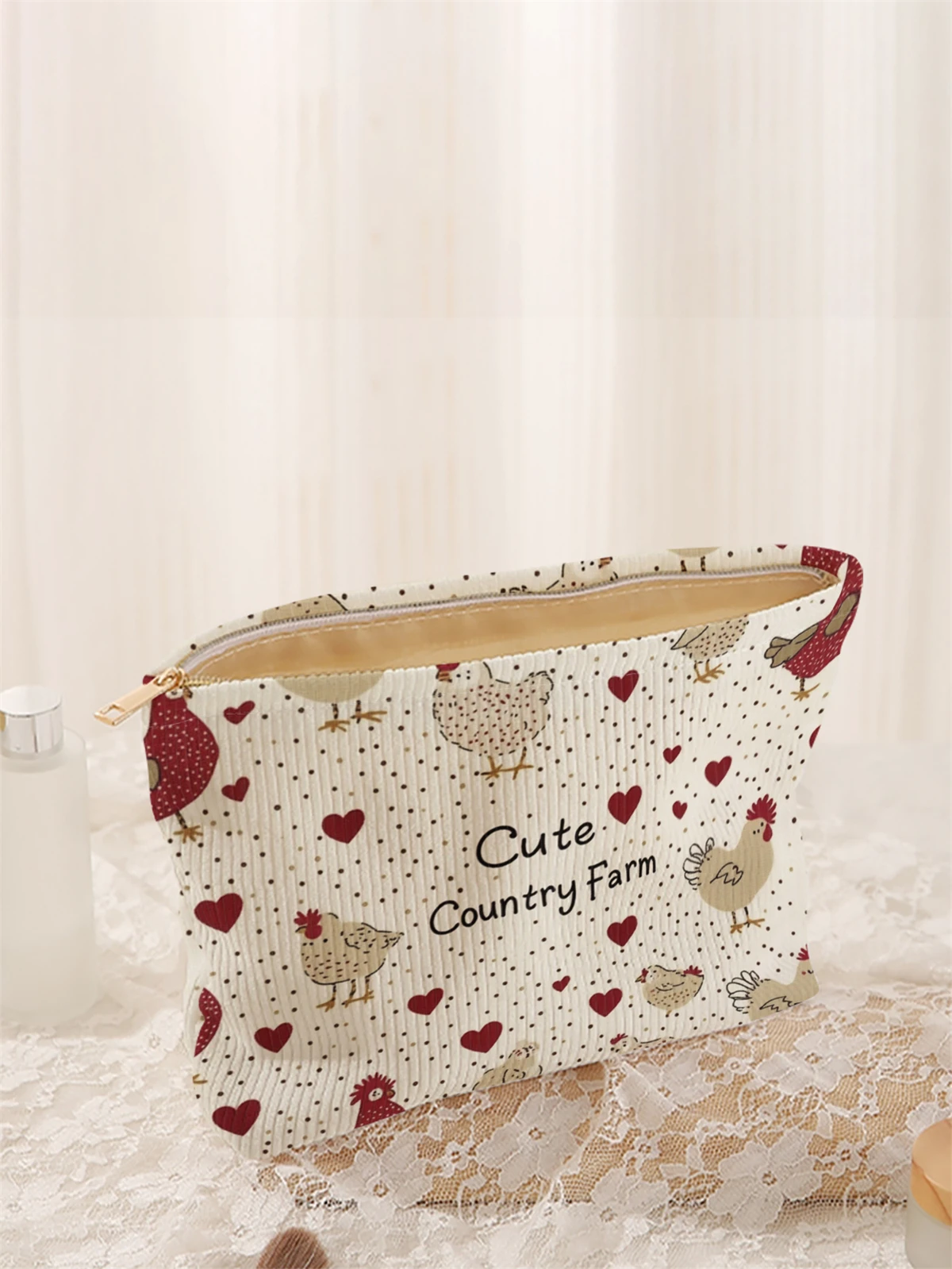 1 corduroy makeup bag with hen pattern printed on it, lightweight zipper makeup storage box, multifunctional bag with lining