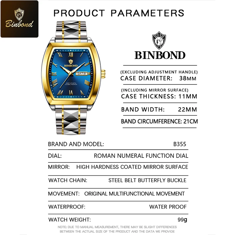 BINBOND B355 Stainless Steel Men Watch Top Quailty Luxury Push Button Hidden Clasp Waterproof Luminous Date Week Sport Men Watch 6