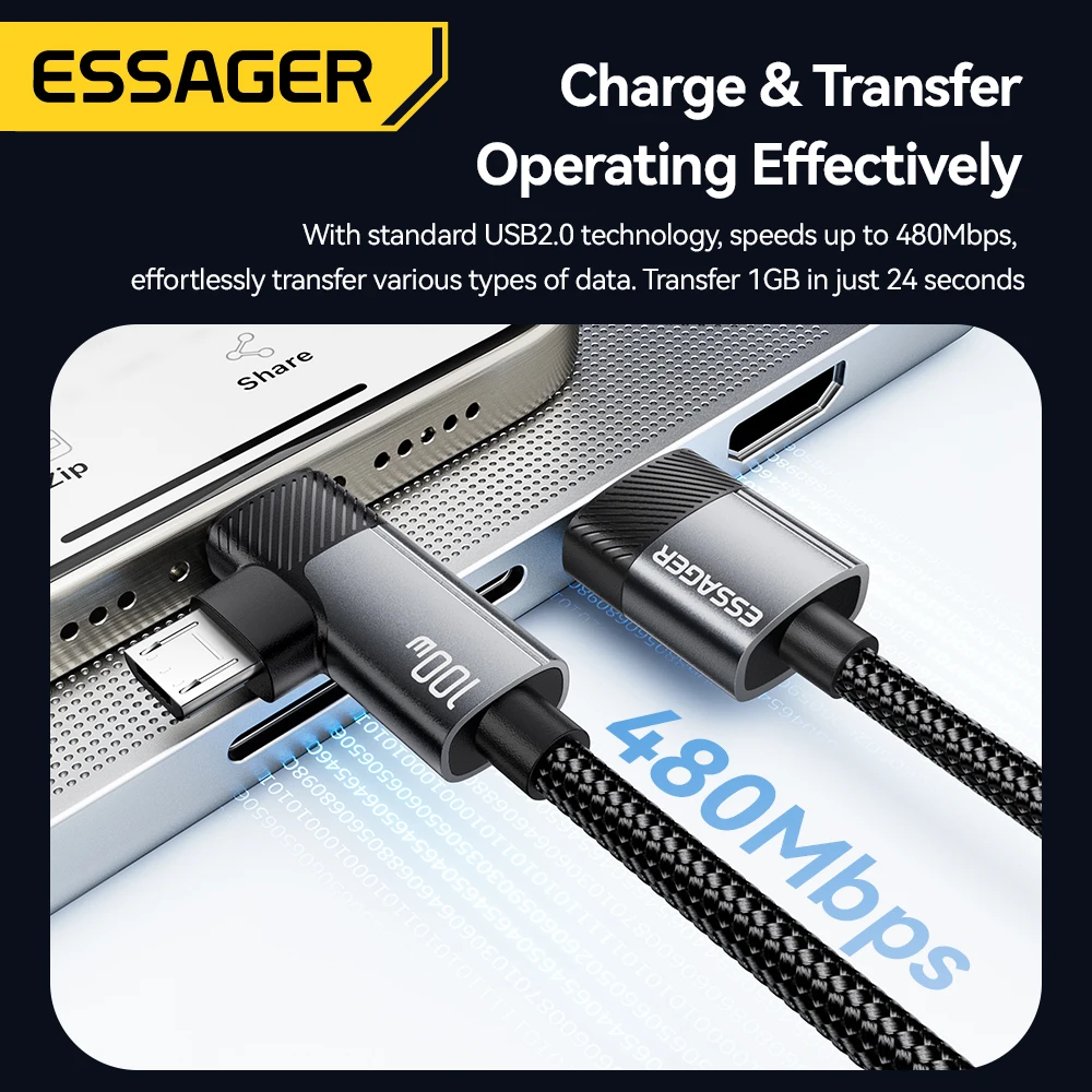 ESSAGER 2-in-1 100W Fast Charging Cable Type-C/Micro/Lightning 7A Multi-Function Data Cable for iPhone 16 15 Pro Samsung Laptop