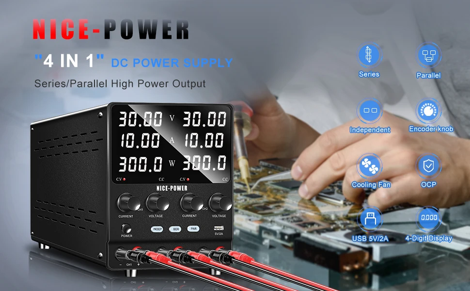 Description Picture 2 of item4 in 1 Lab Dual Power Supply 3 Model PAR/SER/INDEP Adjustable Power Source 30V 10A 60V 5A Voltage Stabilizer Switching USB 5V 2A