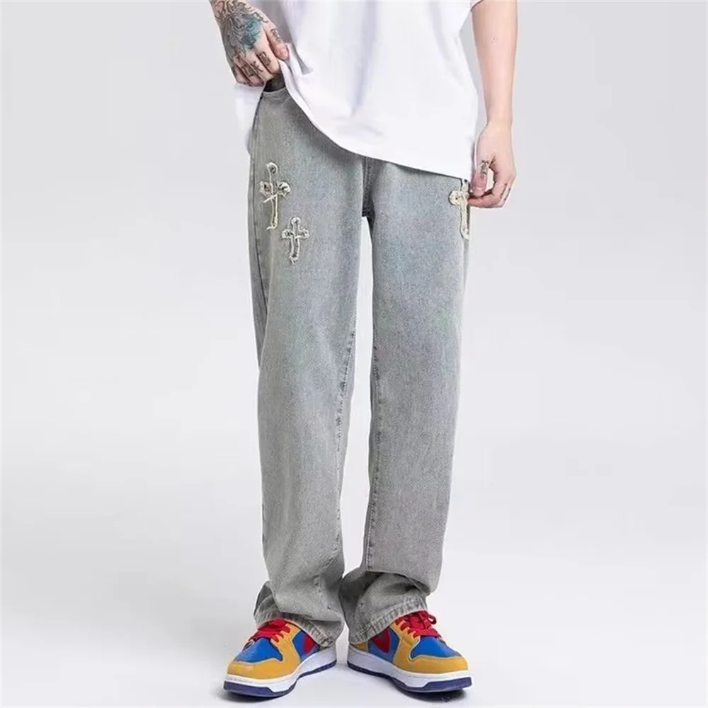 Y2K Men's jeans European and American high street cross embroidery hip-hop tide brand straight loose wide-leg pants ins hot sale