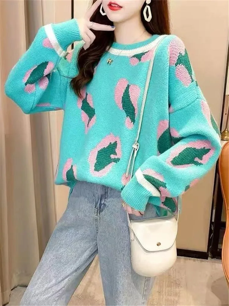 

2023 Модный пуловер с круглым вырезом, женский свободный пуловер в Корейском стиле Харадзюку для студентов, новинка осенне-зимнего сезона, вязаная нижняя рубашка, Fop