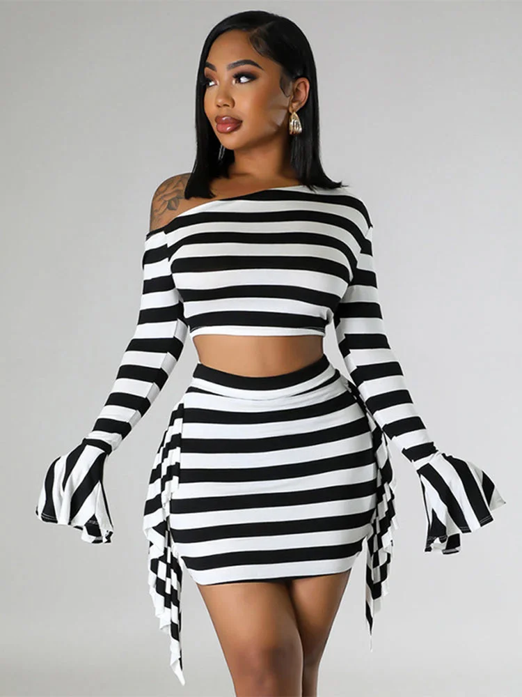 

Apprabant Autumn Winter Stripe Print Top Two Piece Set Contrast Color Oblique Shoulder Tops Hip Wrap Skirt Suit Streetwear