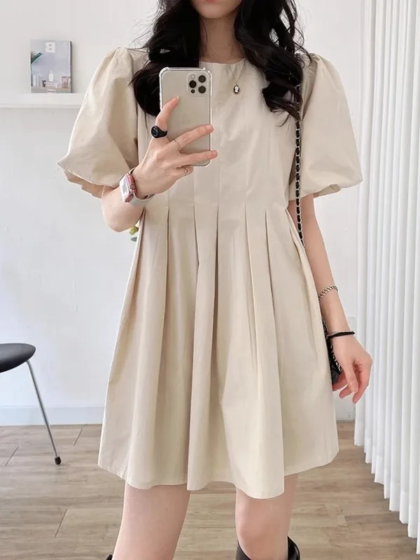 Chic Summer Simple Elegance round Ne Pleated Waist Slim Lantern Sve A-Line  Dr Women's Faion Commute Sle