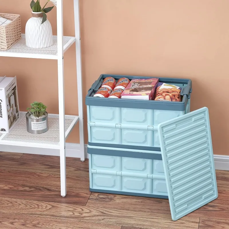 

Blue Folding Plastic Stackable Utility Crates Collapsible Storage Bins with Lids Durable Containers for Home Garage Organization