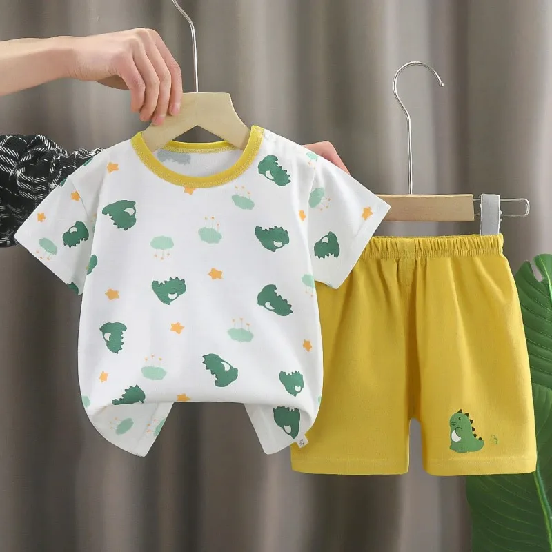 Cartoon Printed Clothing Pure Cotton Home Clothes 2 Piece Suits Toddler Fashion Cute Casual Tracksuits Contrast T-shirt+Shorts 3