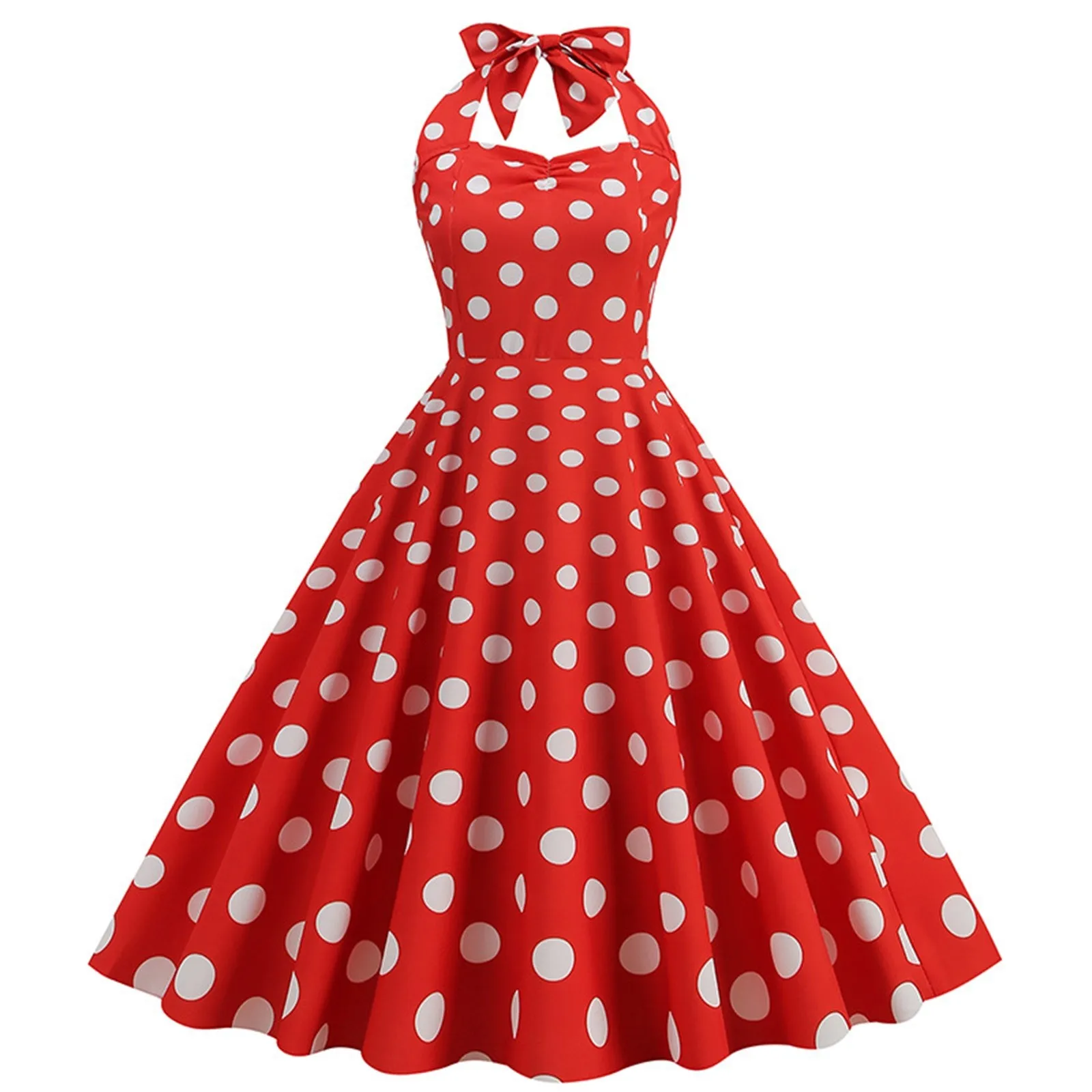 

Women Rockabilly Dress Dots Print Square Collar Halter Bowknot Sleeveless A-Line Elegant Dresses Club Ankle Length Vestidos Jupe