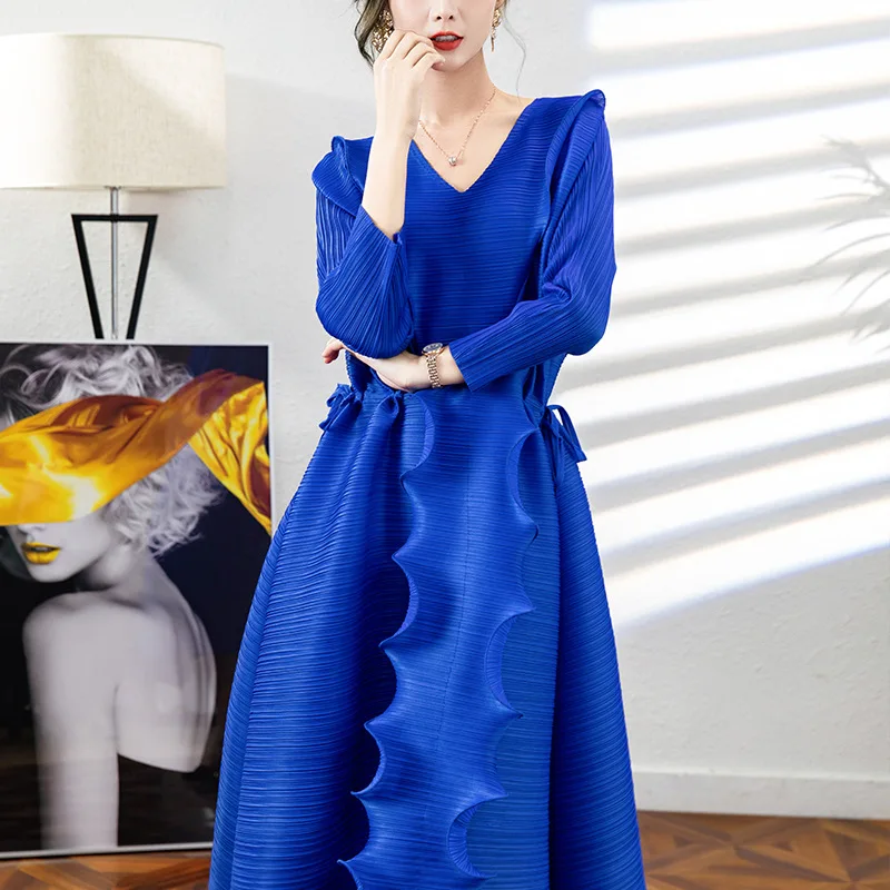 

Summer Dress Plus Size Women's V-Neck Dress Casual Drawstring Waist Wave Lace Maxi Dresses for Women 2023