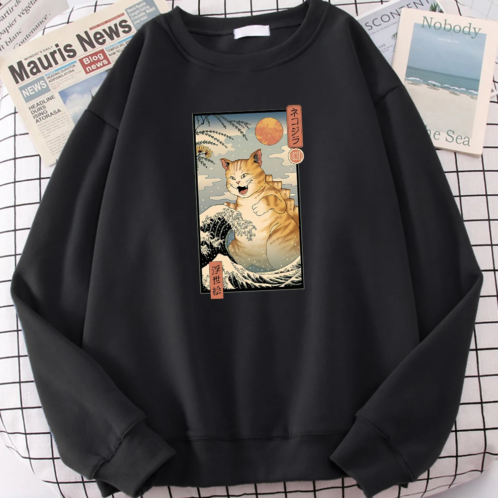 

Худи мужское с принтом волны и большой кошки укиё-э, мягкая толстовка в стиле хип-хоп, повседневный флисовый свитшот с капюшоном, осень