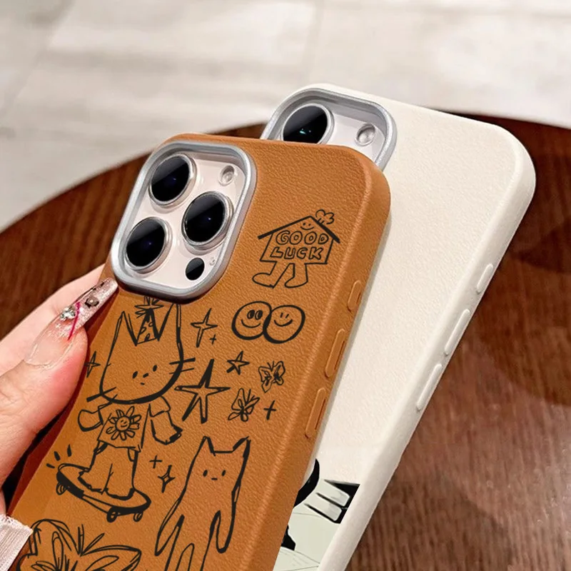 Cartoon Cat Lichee Leather Shockproof Phone Case with TPU Cover