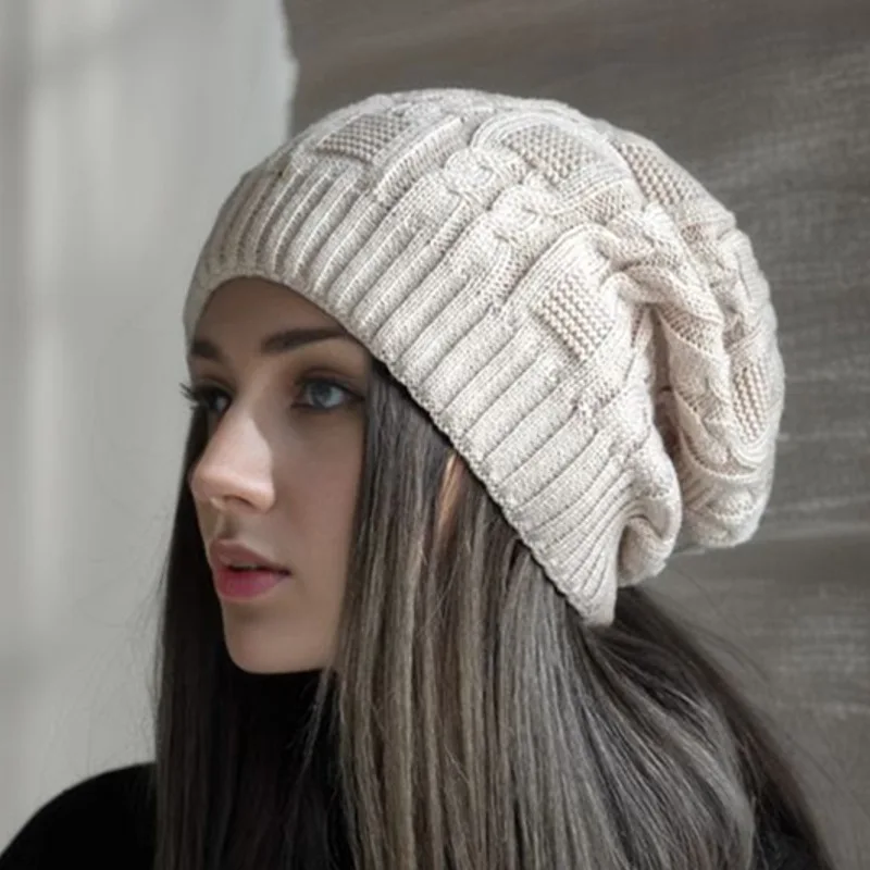 Knitted Bunny Hat Winter Beanie Skullies Colorful Big Size Warm Thick Knitted for Women Female Curling Pile Confinement Bonnet Cap