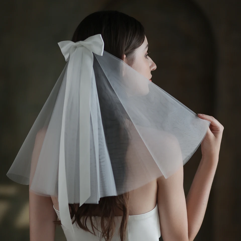 Velo Da Sposa Corto 2 Strati In Tulle Con Bordo In Nastro, Pettine Incluso, Nero, 60x80 Cm, Copricapo Per Matrimonio E Cerimonie