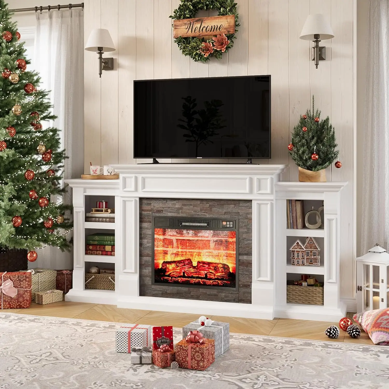 70" Electric Fireplace with Mantel Fireplace TV Stand for TVs Up to 80 Inch Modern Entertainment Center with Storage 2