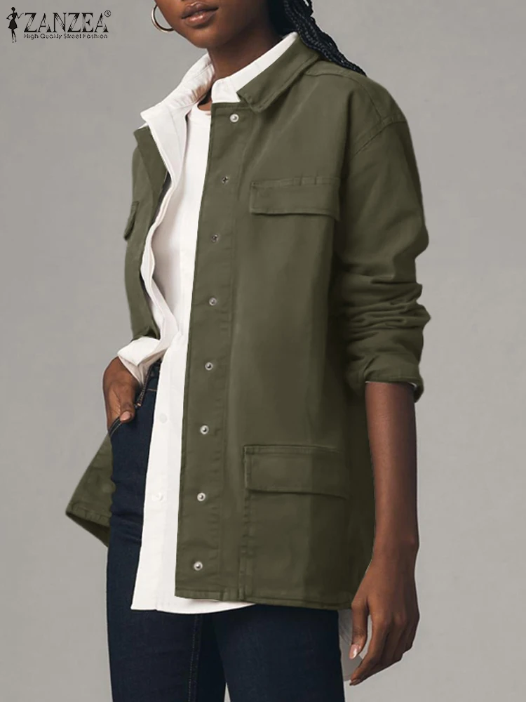 

Модные куртки ZANZEA с длинным рукавом, винтажная рубашка-карго, куртки, женская уличная одежда, тонкие пальто 2024, Весенняя верхняя одежда с воротником с лацканами
