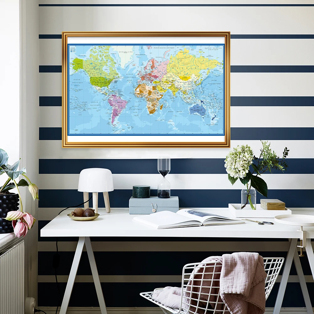 

90*60cm The French World Map Political Map Wall Art Poster Canvas Painting Living Room Home Decoration School Supplies