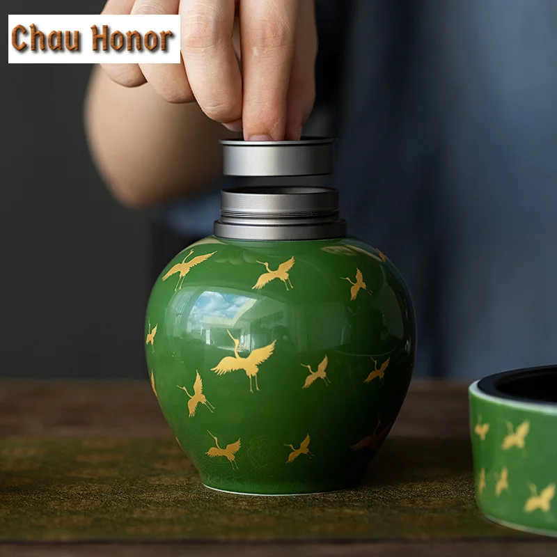 Retro Emerald Gold Crane Art Ceramic Tea Pot Household Double-layer Sealed Pot Small Convenient Tea Moisture-proof Storage Caddy
